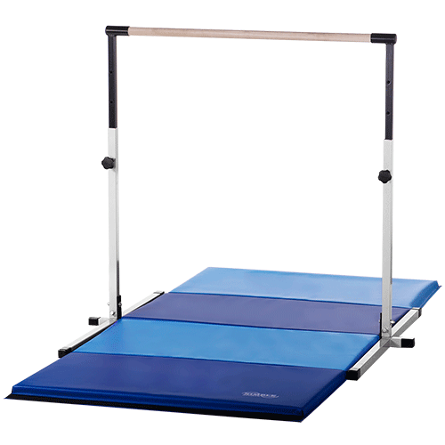 3 to 5 Feet high, white, horizontal kip bar with a 4 feet X 8 feet blue and light blue gymnastics folding panel mat